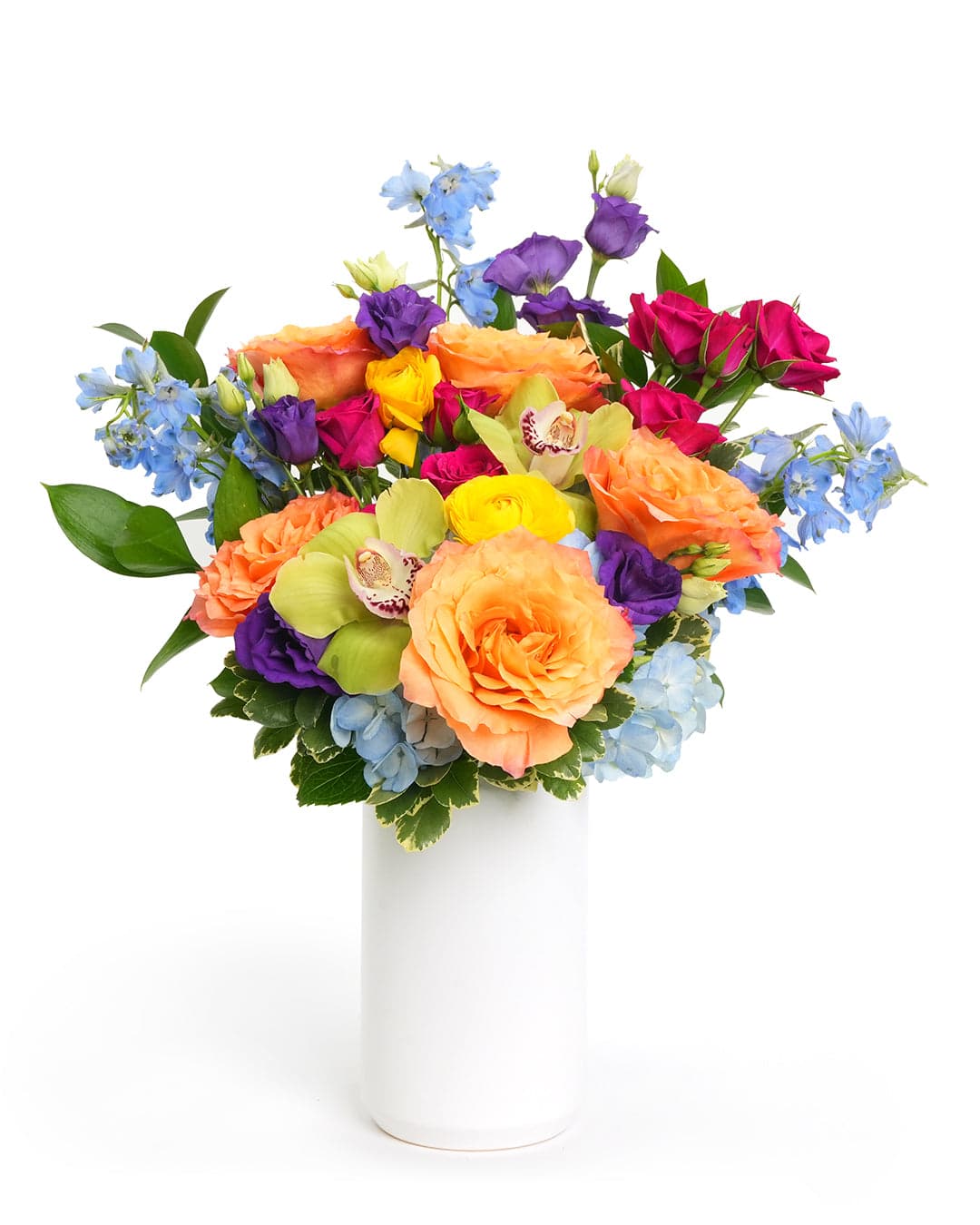 Colorful floral arrangement featuring roses, orchids, and seasonal blooms in a white vase. Perfect for any occasion.