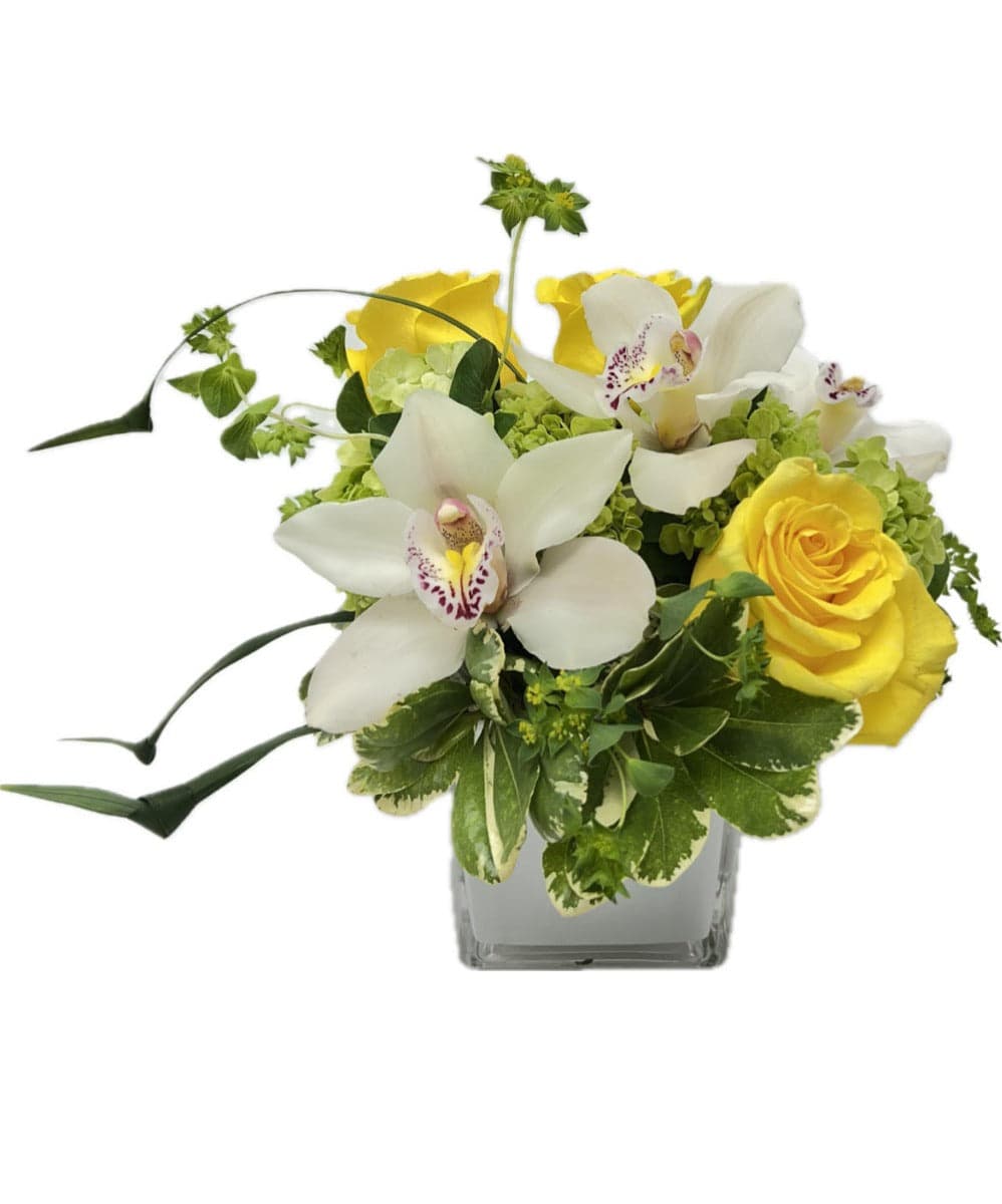 Vibrant floral arrangement featuring white orchids and yellow roses in a stylish glass vase.
