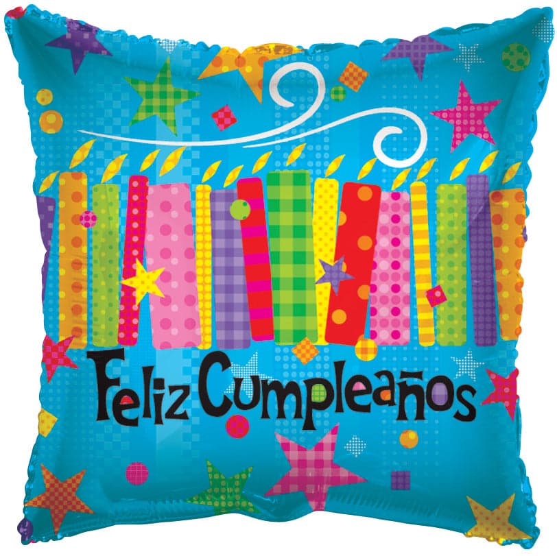 A vibrant "Feliz Cumpleaños" (Happy Birthday) balloon featuring colorful candles and stars on a blue background.