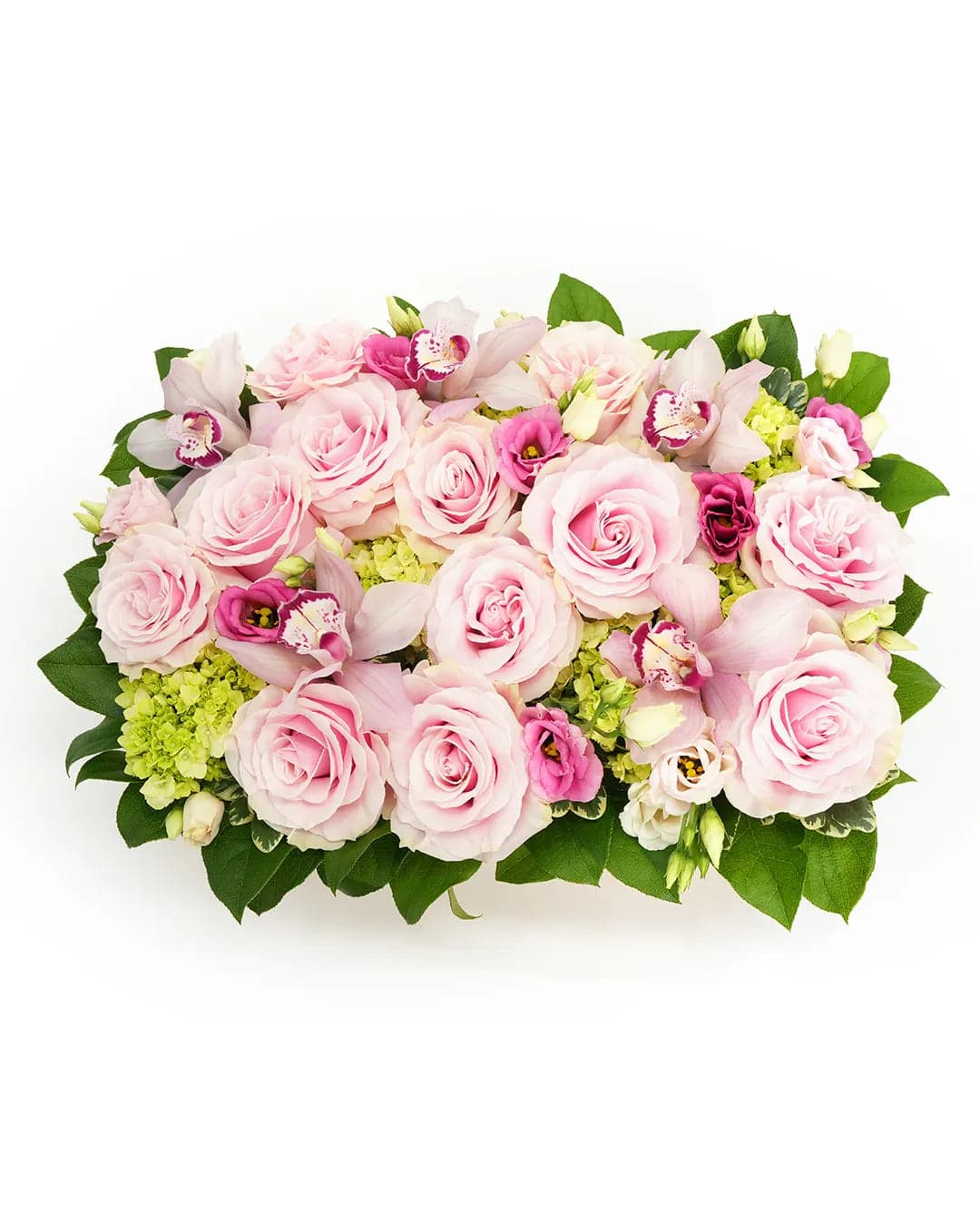 A vibrant arrangement of pink roses, orchids, and delicate greenery, perfect for any special occasion.