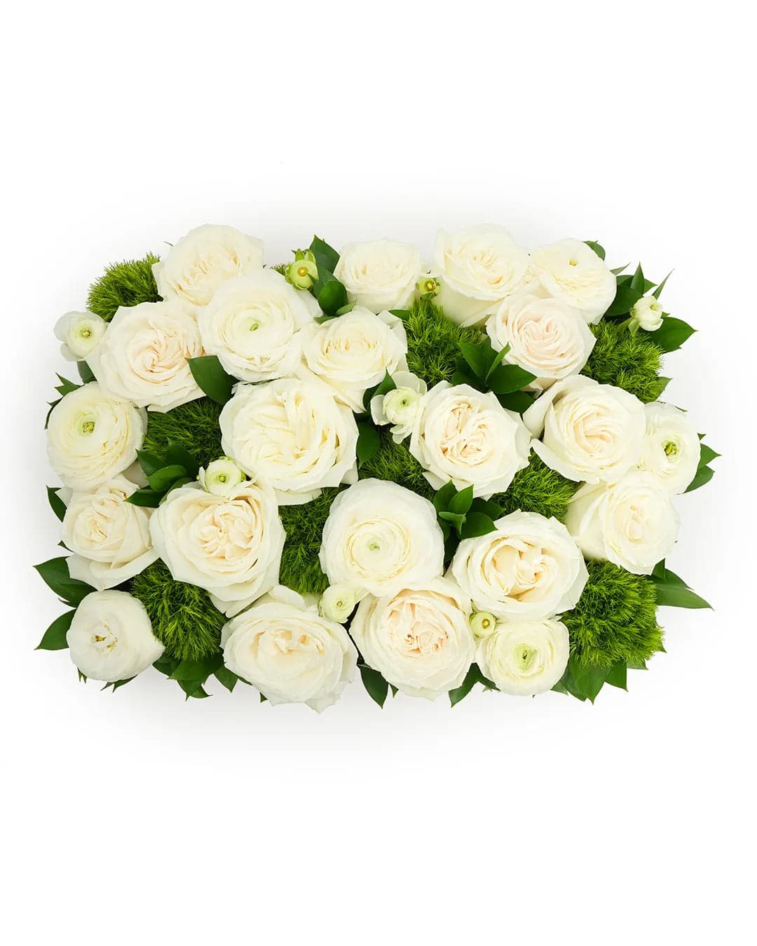 Elegant white ranunculus arranged with lush greens, perfect for weddings and special occasions.