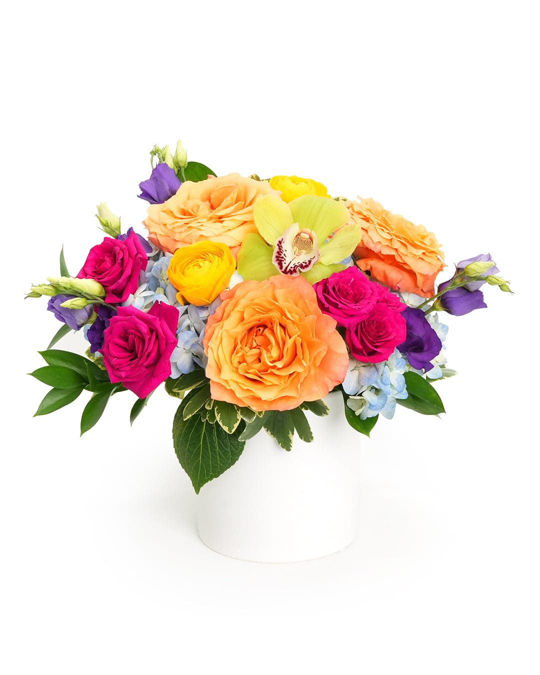 Vibrant flower arrangement featuring roses, orchids, and seasonal blooms in a chic white vase.