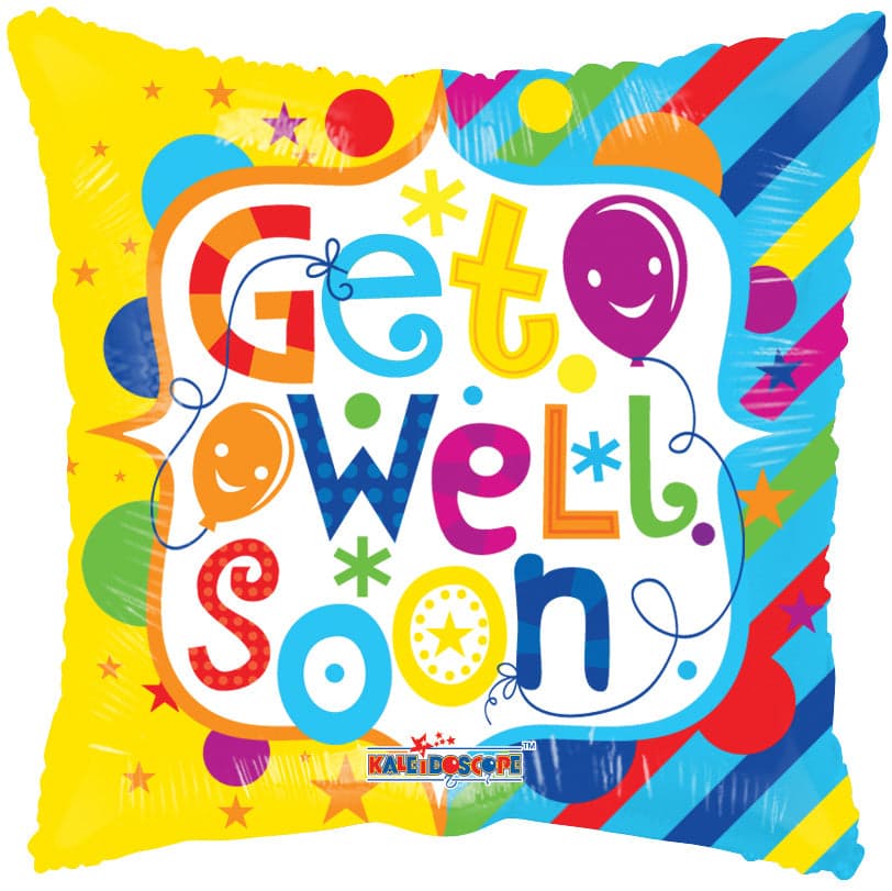 A bright and colorful "Get Well Soon" balloon with balloons, stars, and abstract shapes.