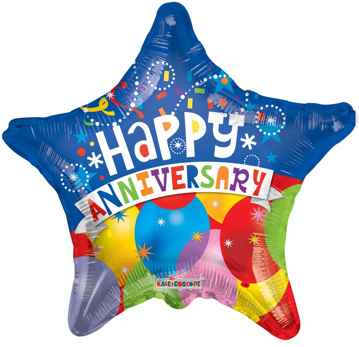 A festive blue star-shaped "Happy Anniversary" balloon adorned with confetti and colorful balloons.
