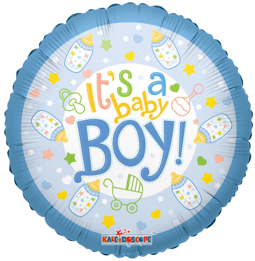 A delightful blue "It's a Baby Boy!" balloon adorned with baby bottles, rattles, and stars.
