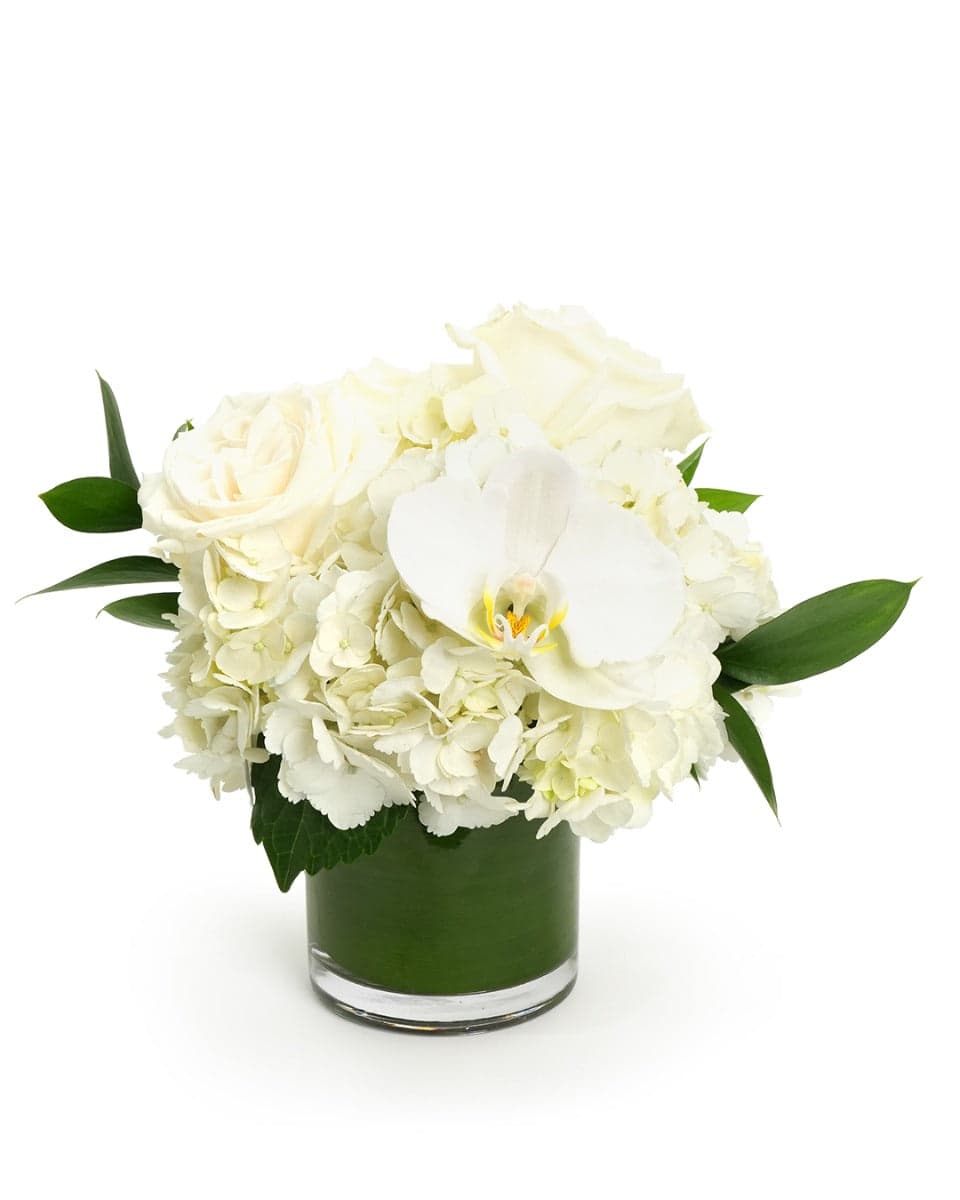 Elegant white floral arrangement featuring roses, hydrangeas, and a delicate orchid in a sleek glass vase.
