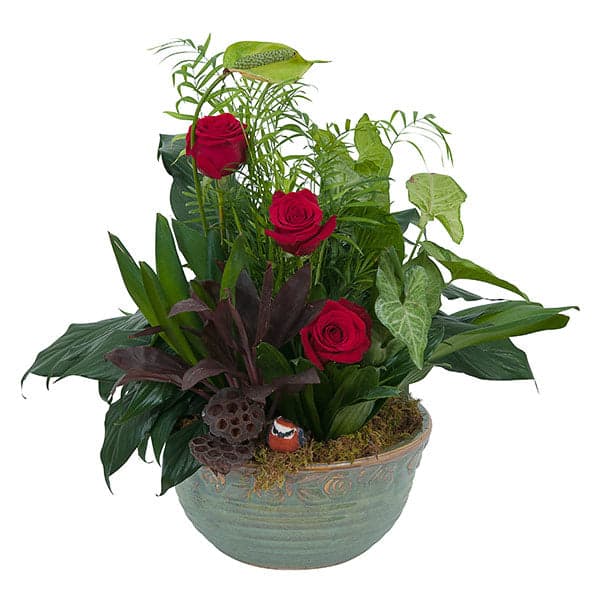 Elegant arrangement of red roses and lush greenery in a decorative pot, perfect for any occasion.