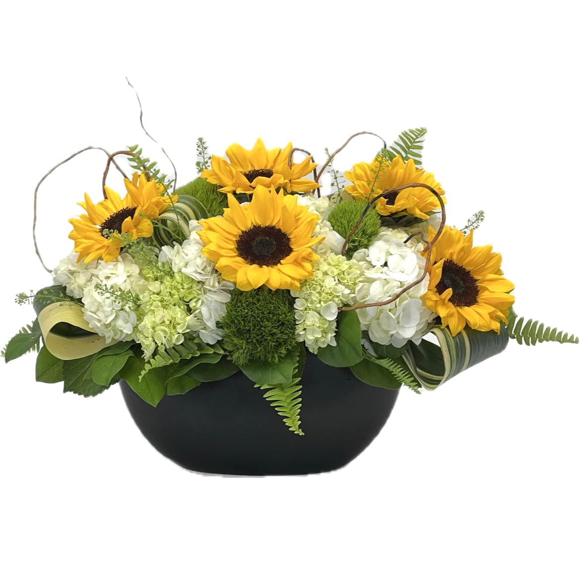 Bright sunflower and hydrangea arrangement in a modern black bowl, perfect for summer décor.