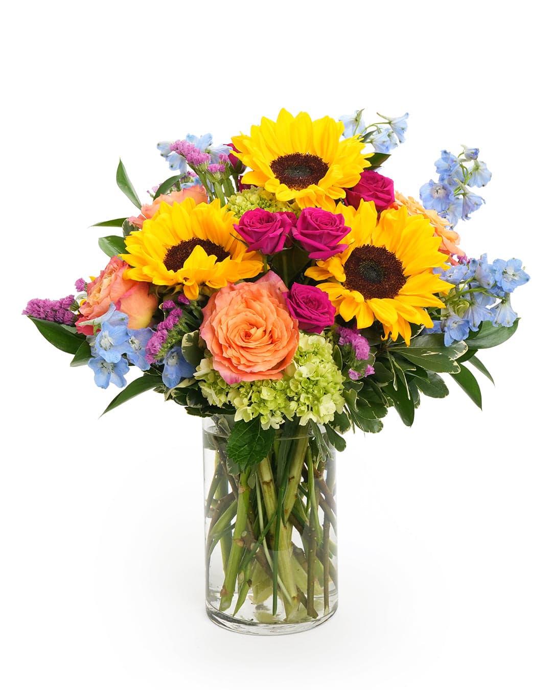 Vibrant bouquet featuring sunflowers, roses, and delphiniums in a clear vase, perfect for brightening any space.